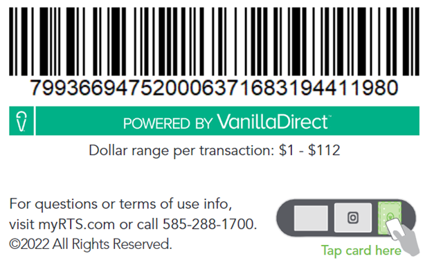 "A picture of the back of an RTS Go card with VanillaDirect. There is a barcode and the text powered by vanilladirect.